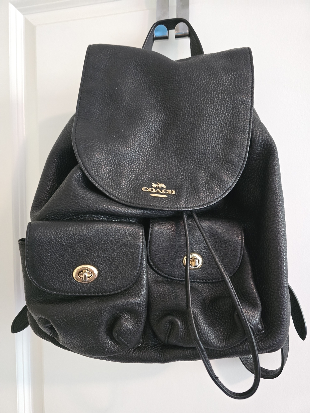 Coach Billie Black Leather Drawstring Backpack